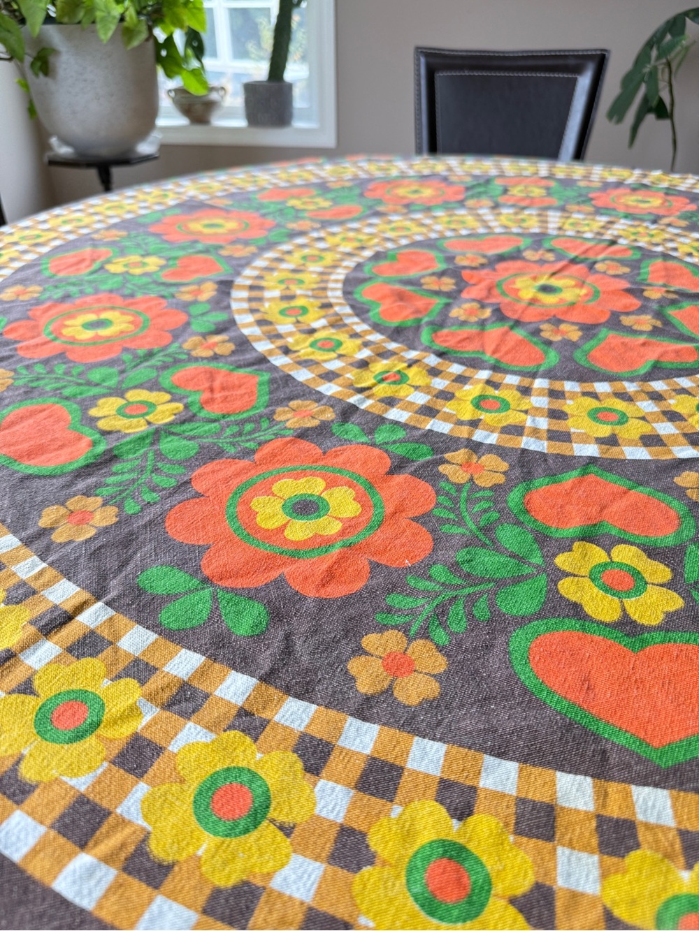 Vintage Cotton Round Tablecloth Mid Century Folk Art